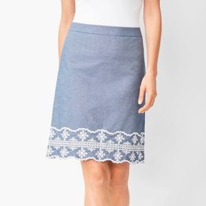 Talbots Women's Size 14 Petite Chambray Blue Cotton Embroidered Skirt A-line